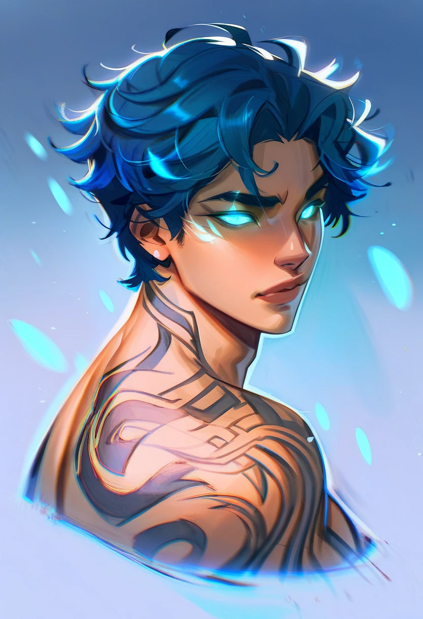 (undersea and merman:1.2) (Messy dark purple hair:1.1) (Heterochromia xanthochromia and blue eyes:1.2) (Fish tail:1.0) (Colored stars in the eyes:1.0) (A radiant glow:1.1) (thick lips:0.9)