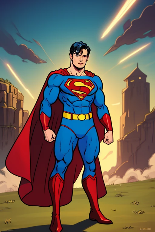 1boy, superman, abs, bara, black hair, blue bodysuit, blue eyes, bodysuit, cape, closed mouth, crossed arms, large pectorals, male focus, muscular, muscular male, pectoral lift, pectorals, red cape, short hair, outdoors, skyscrapers, solo, superhero, upper body , ((masterpiece)),
<lora:CartoonCraftLora_V1:0.75>