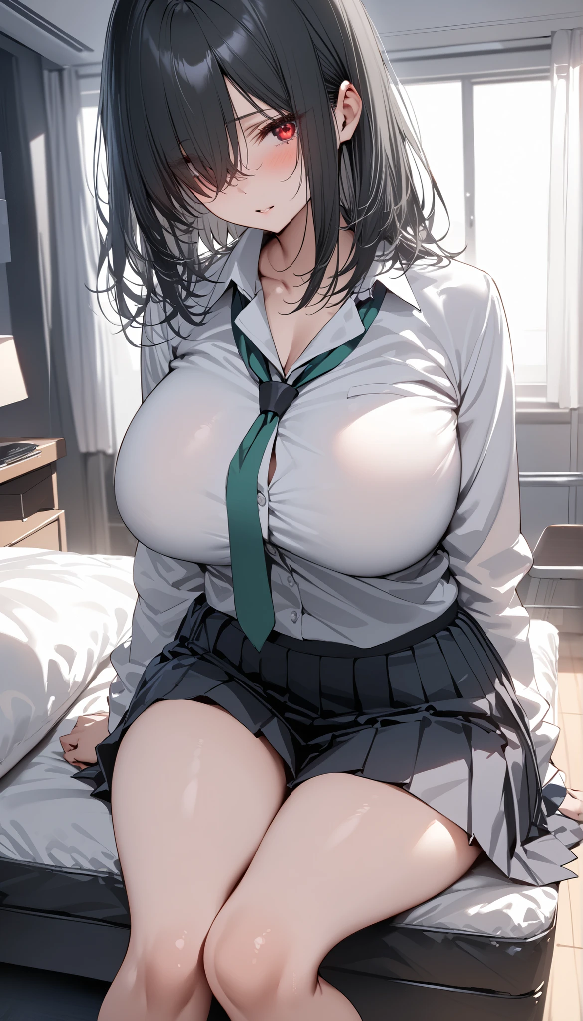 hyper realistic,photorealistic,1female and 1man having sex,vaginal penis,(creampie:1.2),japanese,mature curvy female,sweaty,humid,(curvy body),black wavy hair,in bedroom,navy pleated skirt,torned dress shirt,missionary position,female lying on bed,(ahegao),(pubic hair),face focus