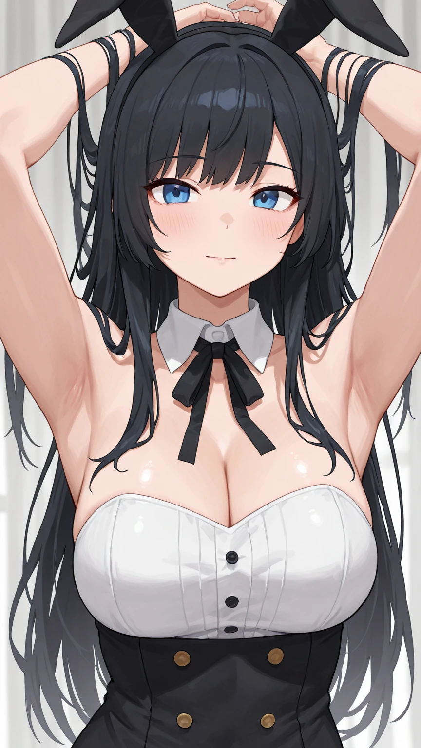 (masterpiece, best quality, highres, UHD, perfect pixel), Inoue Takina, Long hair, Bangs, Black hair, (Purple eyes:1.2), medium breasts, indoor, bedroom, dynamic pose, busty, perfect body, POV, blushing, (cleavage:0.8),(G Bunny Girl)、1st from the bottom.3