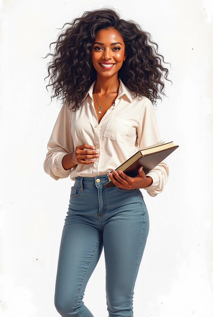Brunette girl, wavy black hair, tanned brown skin, wearing a famous designer dress shirt, must be facing the observer, shows the camera the cover of a book all white, has a beautiful smile, Brazilian about 2, shows her from the waist up,