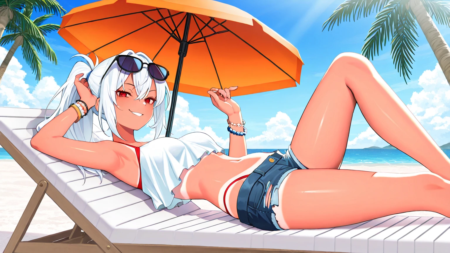 masterpiece, highres, realistic, 1girl, full body, white hair, purple eyes, bikini, beach, beach ball, beach umbrella, wide shot, island, ass up wait