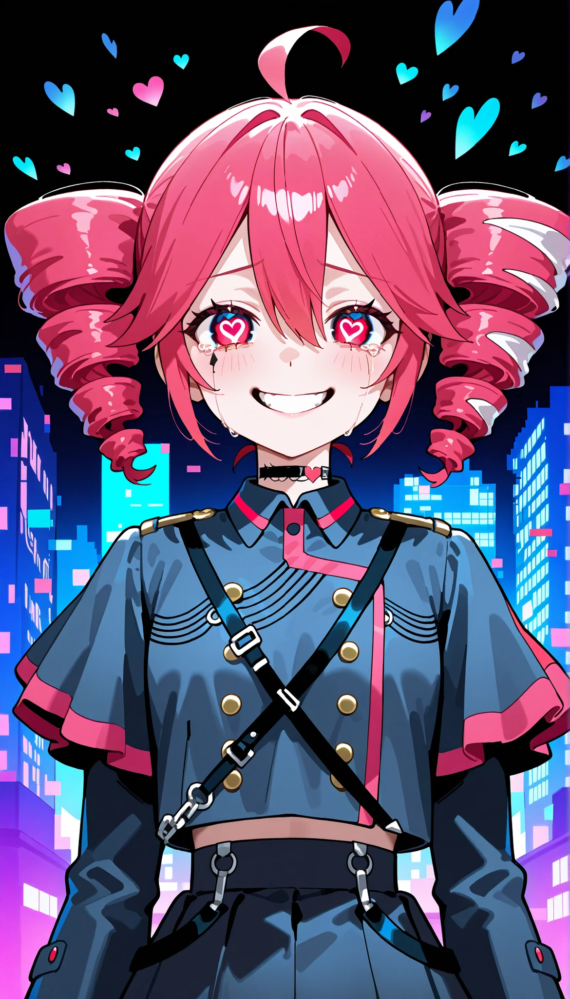 A chaotic and emotional anime-style illustration of a pink-haired virtual girl resembling Kasane Teto, surrounded by glitch effects, broken hearts, She has a twisted smile with tears in her eyes, wearing a dark gothic outfit with cyberpunk accents. The background is a distorted, colorful cityscape with floating error messages and pixelated fragments. Style inspired by DECO*27 music videos, with a mix of cute and creepy vibes. High contrast lighting, vivid neon colors (pink, black, electric blue), and a dynamic, dramatic composition. Album cover format, square 1:1.