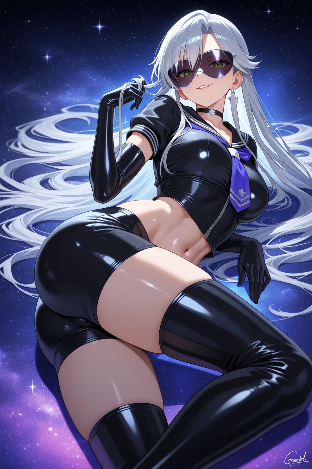 Sexy asian woman, silver hair, stringy body suit, sexy, thong, big butt, gold weapon, waifu, trading card, trading card style art, holo, shiny 