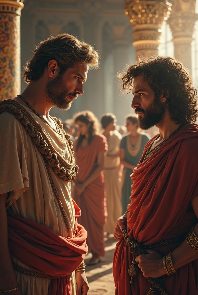 A male Stoic philosopher, around 2, with a well-proportioned and attractive physique, his slightly tanned skin hinting at time spent outdoors. His very short, well-trimmed beard and wavy, well-styled hair frame a face that exudes both wisdom and a subtle sensuality, drawing attention wherever he goes. He is dressed in a classic tunic in soft earthy tones with a small opening on one shoulder, subtly revealing a hint of his muscular frame.
He stands in a grand, marble-pillared hall, adorned with statues and rich tapestries, symbolizing an environment of intellectual and social gatherings. Another male figure, equally striking and well-dressed in a similar style, is present in the scene, positioned across the hall. Their eyes meet briefly, exchanging a glance filled with hidden intentions, though their expressions remain neutral, ensuring that no one around them can discern the deeper meaning of their interaction.
The scene is painted in an impressionist style, with dramatic brushstrokes capturing the warm, golden light filtering through the hall, creating a play of light and shadow. The philosopher’s face reflects a subtle intrigue, emphasizing the unspoken communication and underlying tension in their exchange.