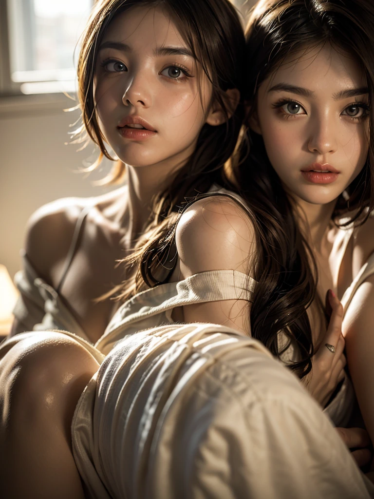 ((2 women hugging each other)), 2 people, looking at the camera, looking up, big, cleavage, underwear, see-through, Japan person, 16 years old, attractive body, (high resolution, raw photo, 8K)
