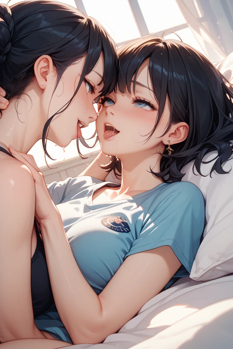 Perfect human body、1 Handsome man,1 girl、A couple、heterosexuality, ((Lying in bed)), (Very detailed background), (((Boy kisses girl))),  camisole、mini skirt、clavicle,Large breasts， ，((Long-haired woman with fever)), ((Sweating,Steaming hot)), 、、((Kolos&#39;s expression turned red.),
