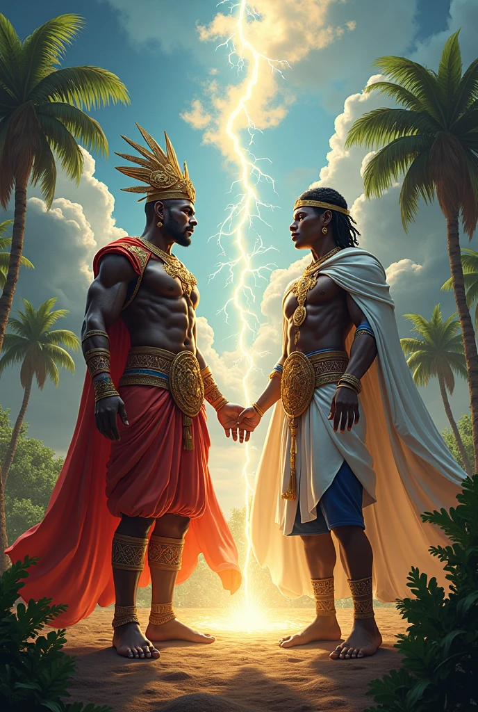 Paleolithic age god and Egyptian god creating a weapon using their cosmic powers no weapon should be visible both should male and shouldn’t be holding hands 