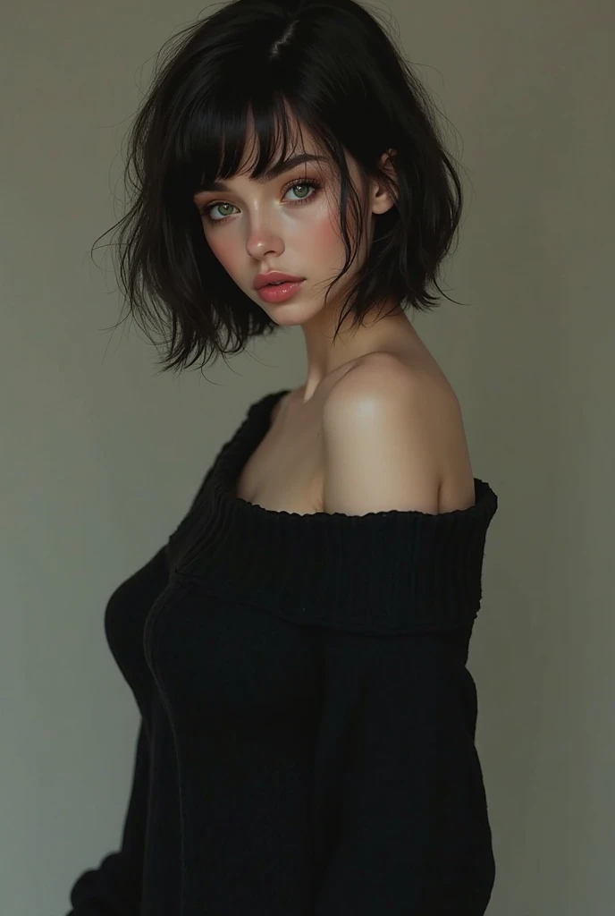 RAW photo, best quality, masterpiece, photorealistic, Polish girl, 20 years old, black hair, Light grey eyes, short bob cut, hair in 7 thirds, hair over one ear, Symmetrical eyes, pale skin, Big Breasts, rip gloss, Gel Nails, Accessories, various poses, s