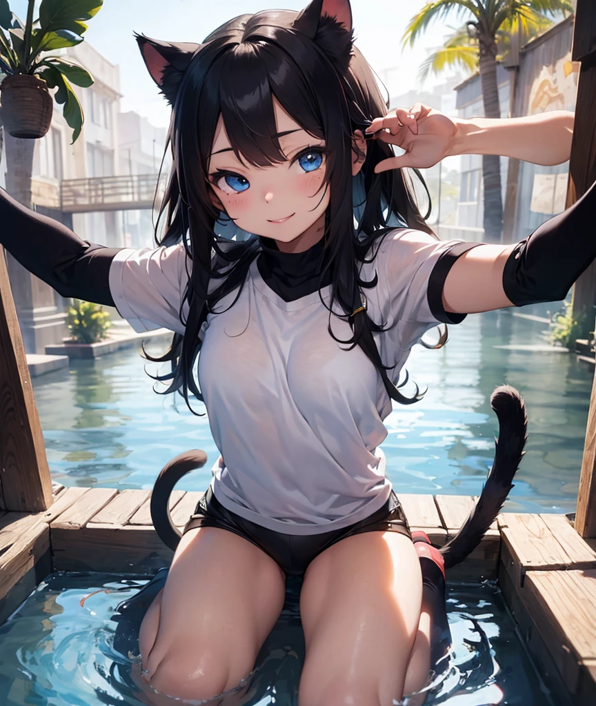 Kizi, 独奏, shiny skins, The is very detailed, ultra - detailed, hyper HD, (realisticlying: 1.4), (best qualtiy), (Best shadow), A detailed, lighting perfect, brunette color hair, 1girll, 独奏, tmasterpiece, Best quality at best, 8k wall paper, beatiful detailed eyes, a sticker, full bodyesbian, 黑The eye, Detailed hairpins, Bunny ears, Rabbit tail, lacepantyhose, bunnygirl, swimmingpool, Wet body,Chest patch,Breast patches,Blood droplets