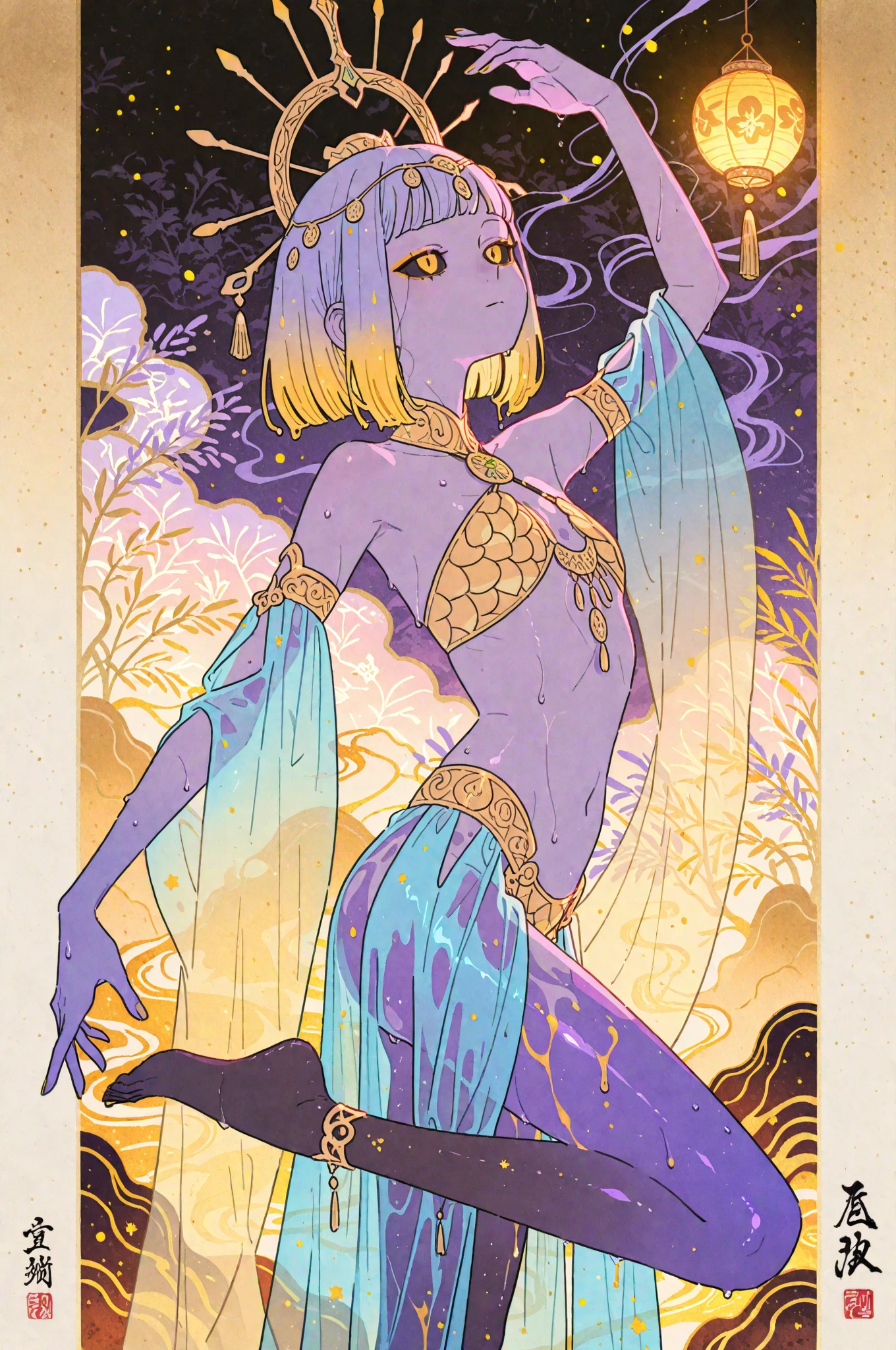 "Fool Card, a vibrant and energetic illustration featuring a sunny vibe, showcasing a confident and joyful lesbian character in a flowing dress, skillfully playing the trumpet as planets orbit in the background, with a book and tarot card adding a touch of mystery and intrigue."