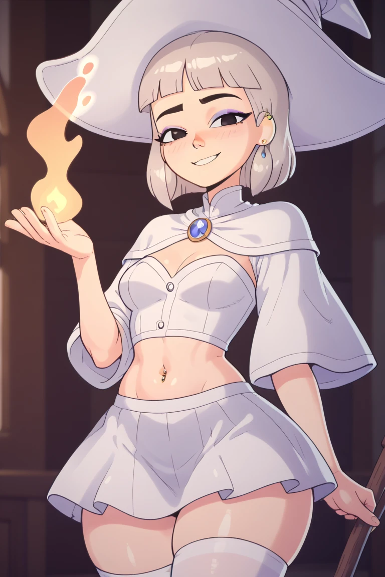 a cartoon of a woman dressed in a superhero costume holding a wand, witch academia, superhero sorceress witch, glamorous angewoman digimon, sky witch, by Aguri Uchida, maya ali as an ice mage, white tuxedo, leotard, solid white leotard with florescent blue accents, bare legs, white thigh-highs, winter boots, white witch hat, (white hair, long hair, ponytail), green eyes, beautiful detailed eyes, beautiful detailed face, cute face, slightly large breasts, smile, one eye closed, playful, flirty, age 16-18, solo, solo focus, wonder, full body portrait, cowboy shot