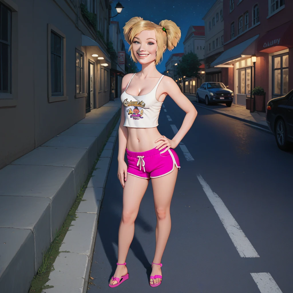 blonde girl, One with short hair, wearing a pink miniskirt, wearing a pink tank top with a low cut,