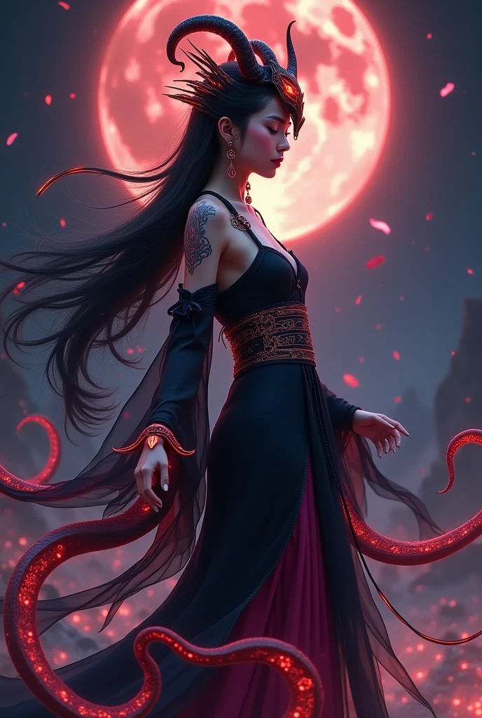 a blood girl, made of smoke, floating around the ruins of an ancient temple, inspired by Japanese gods,carrying a god's bow, temple background, Japan, dark, horror vibes, gothic, smoke, fire, big add some snakes, Japanese mythical gods , evil smile, crazy eyes, blindfold, fuji colors, high detail , high quality, accurate