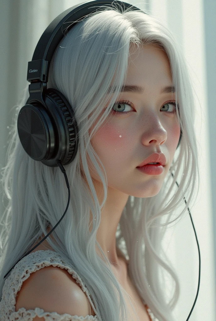 ((face, style)).((masterpiece:1.5))((1 girl, alone、Woman wearing giant headphones:1.5、sweat、Detailed face、Big Eyes、small breasts, cleavage、open front, Best Looks、Ultimate beauty、Shiny silver hair with highlights、Modern Hairstyles))(night、indoors, dark room, pc)Please look away from here、Beautiful profile, Wearing Headphones, naked hoodie