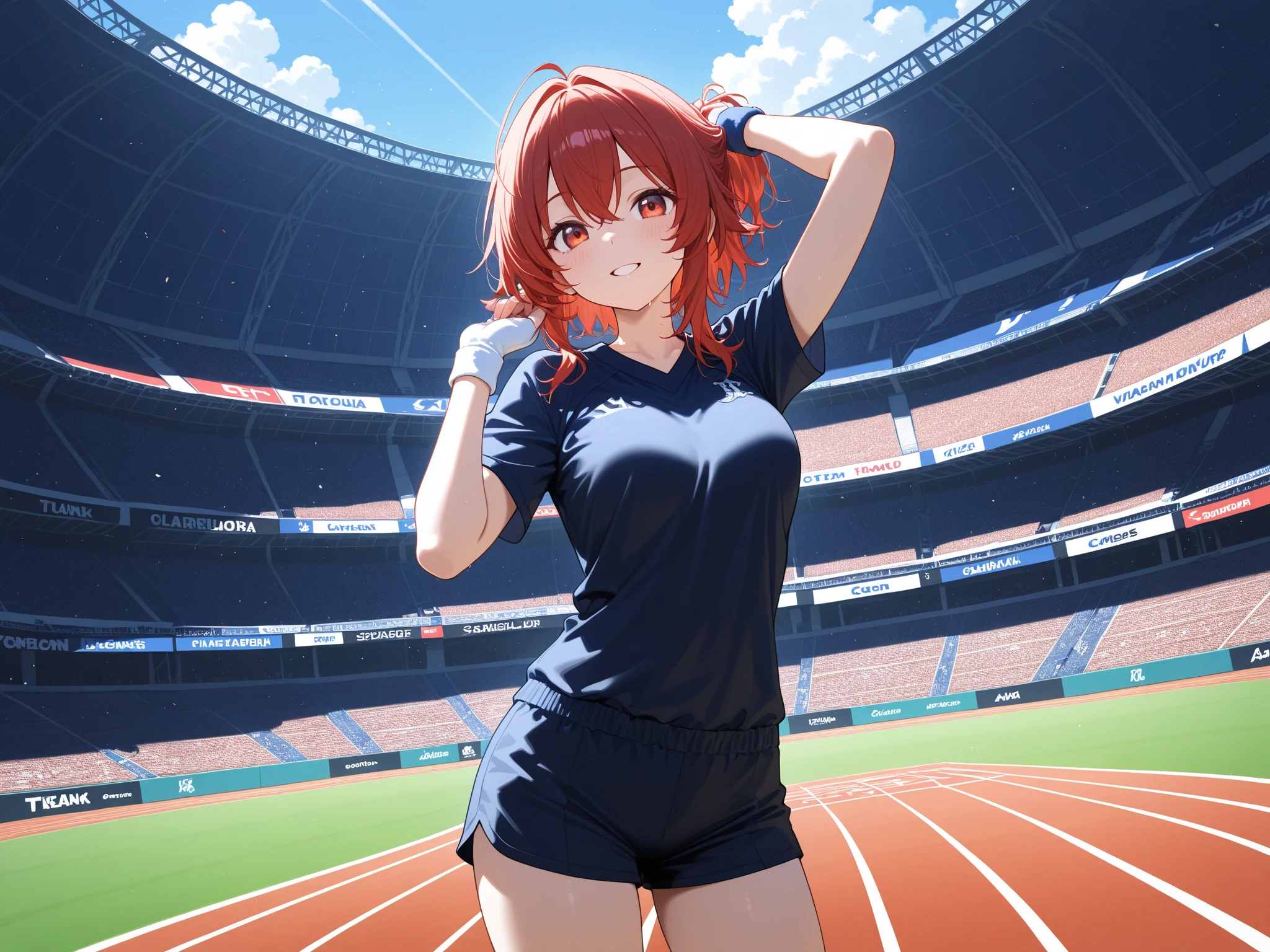The upper part of the body、an oil painting、​masterpiece、top-quality、hight resolution、Orange hair、Women Fighting、Cheergirl clothes、Small cleavage、Black bloomers、distressed face、Sweaty skin、school ground、blue-sky、tiny chest、Pants peeking out of the skirt、Doing a high kick