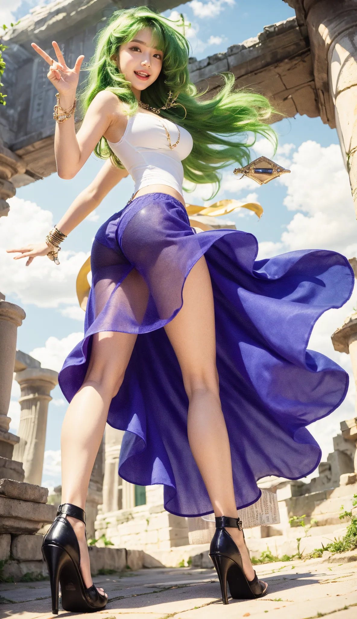 neliel, green eyes, green hair, torn clothes, (facial mark), barefoot, long hair, skull, absurdres, under boob, perfect hands, detailed fingers, beautiful detailed eyes, seductive eyes, perfect eyes, large breasts, ((abs muscles)), narrow waist, silky skin, realisctic detailed skin, (desert background | sunny day | cloudy | dead trees | big wind), ((sexy seductive kneeling | fluttering hair | back | from below)), dramatic lighting, perfect light, perfect shadow, ray tracing, HDR, sun glare, cinematic bloom, full body, symmetrical balance, sharp focus, detailed background, vivid colors, hyperrealism, 4k, intricate details, ((high-resmasterpiece | best quality | official art)), epiCRealism, octane render,