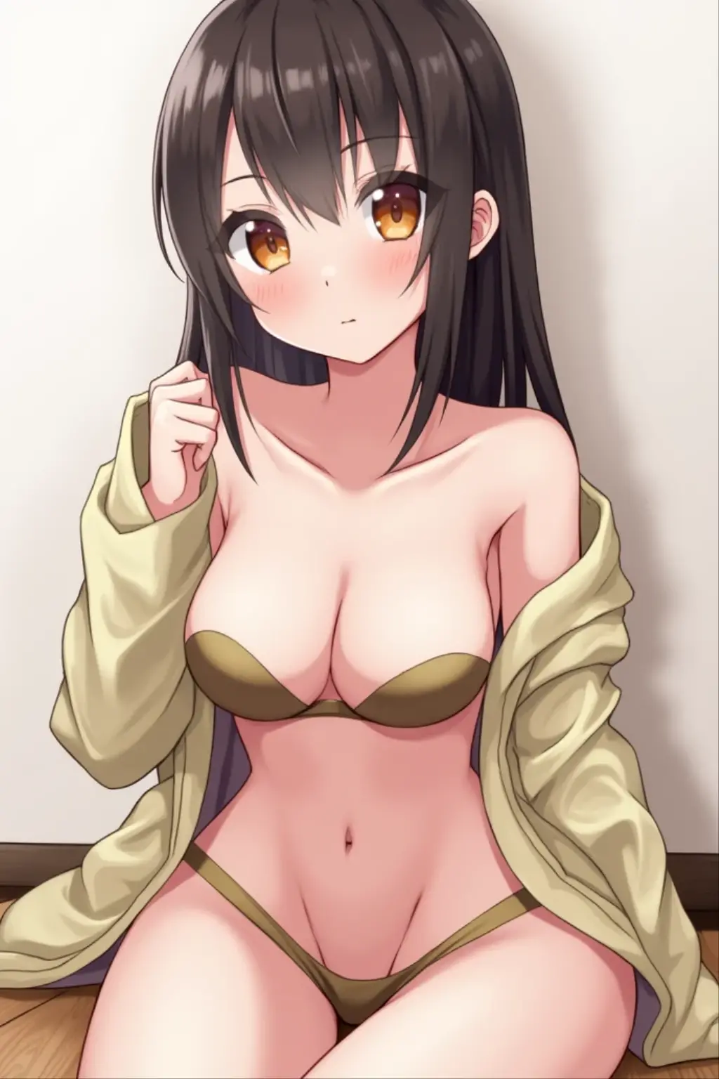 Masterpiece, best quality, long black hair, ponytail, halob bangs, yellow eyes, ((nude)), big tits, leaning forward, facing on you, blushing, little smile, warm lighting