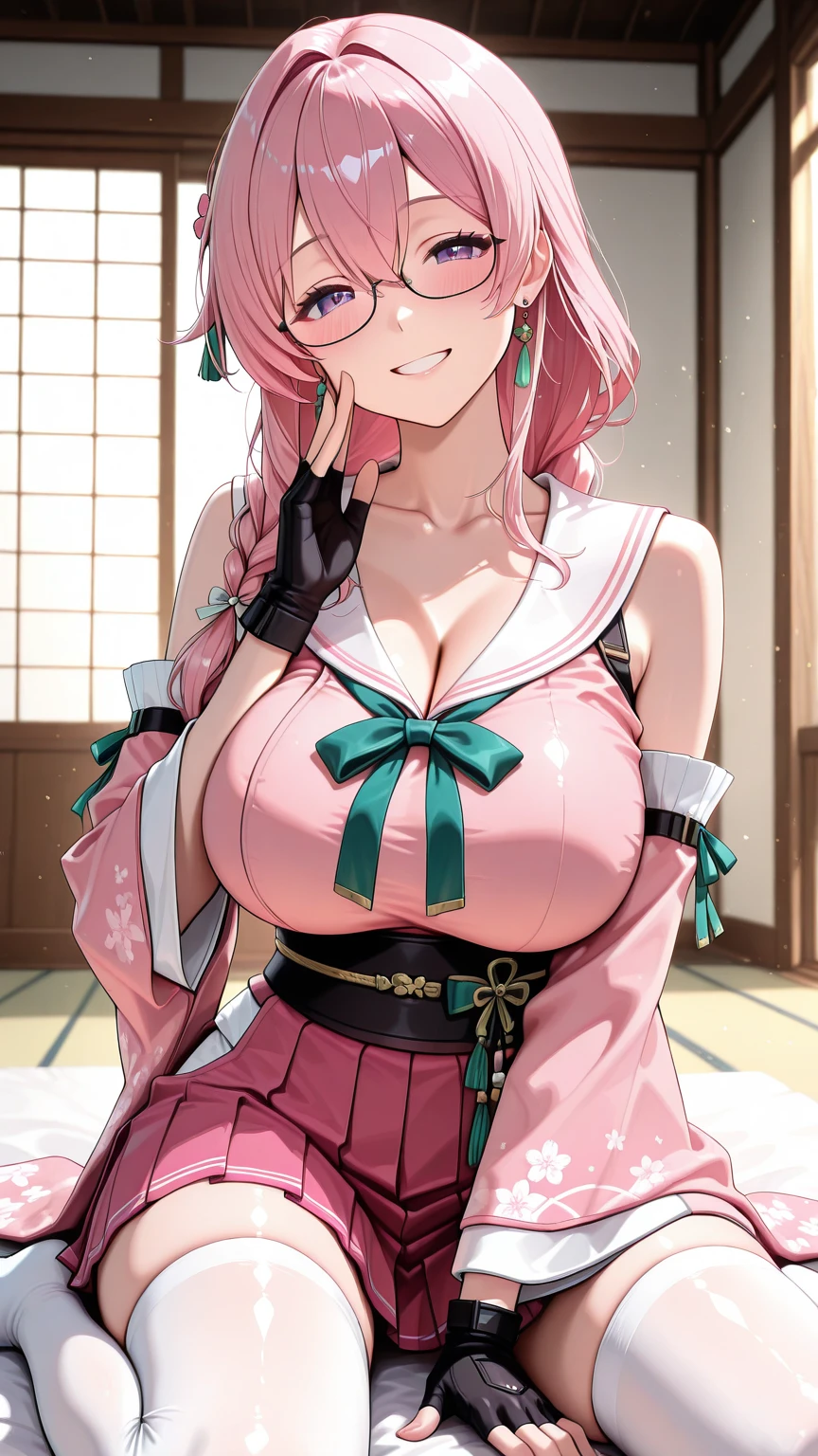 masterpiece, best quality, ultra-detailed, Potrait of beautiful MitsuruDS, solo, demon_slayer_uniform, smile, long_sleeves, looking_at_viewer, japanese_clothes, breasts, haori, cleavage, closed_mouth, jacket, large_breasts, open_clothes, skirt, belt, black_skirt, pleated_skirt, thighhighs, green_thighhighs, zettai_ryouiki, volumetric lighting, best quality, masterpiece, intricate details, tonemapping, sharp focus, hyper detailed, trending on Artstation, pink hair with greeb bottom hair, pink hair, greeb bottom hair, kimetsu no yaiba, holding sword, holding weapon, holding katana, weapon, katana