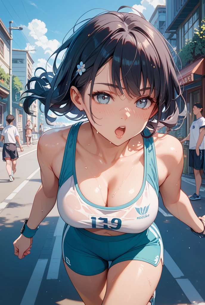 saten_ruiko, 1girl,18yo,black long hair,hair ornament, flower ornament,good anatomy, masterpiece, best quality,realistic, hyperrealistic, 16k hdr,earrings,(gorgeous nike see through crop top:1.2),(yoga pants:1.2),, outdoors,blue sky,strong wind,from below,(happy smile),(running:1.6),dynamic pose,navel,(erected nipples:1.2),cleavage,(sweat:1.2)