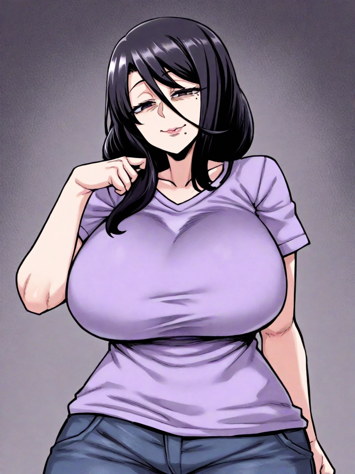 1 milf, purple and slightly black hair, wearing a black tank top, cynical look, angry face, white background, sex scene with black guy