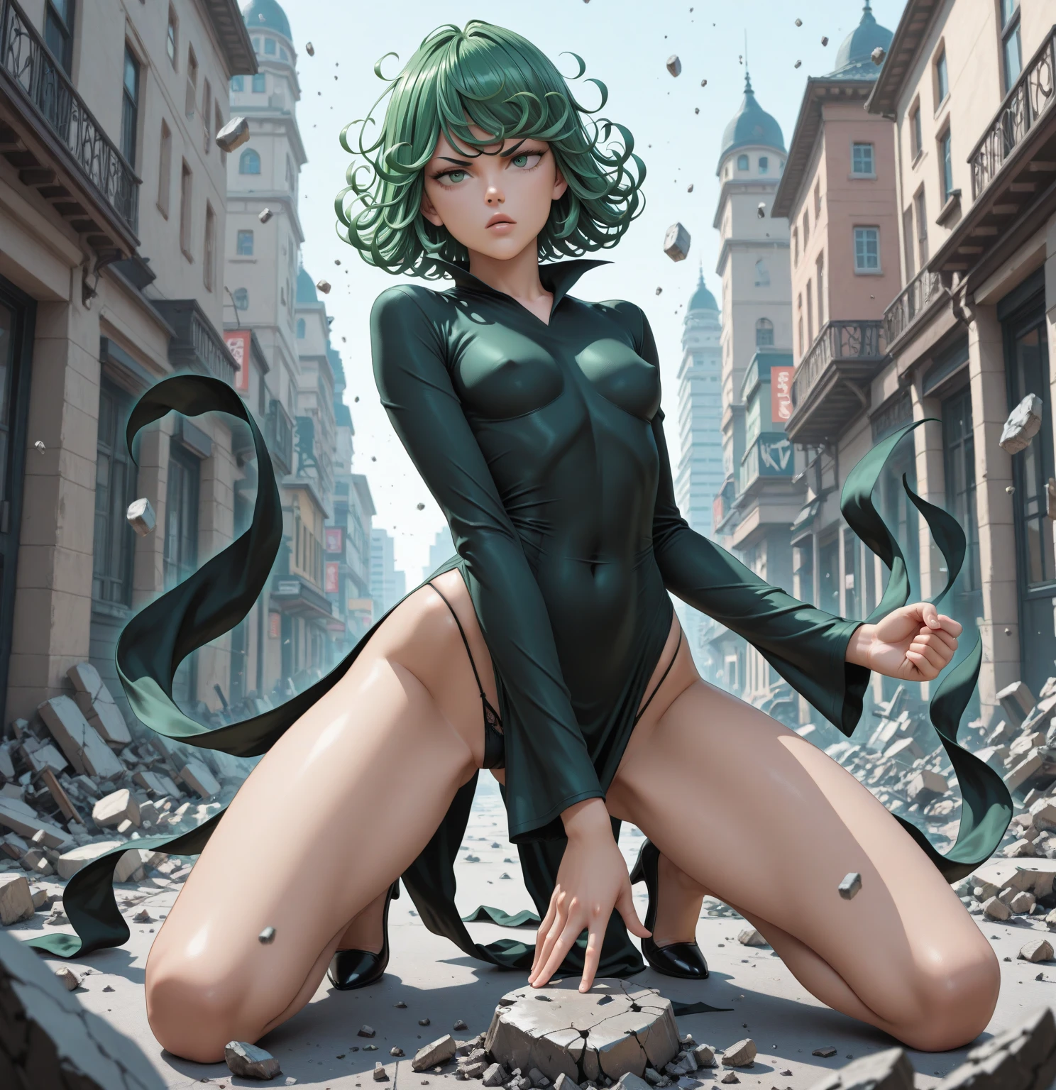 1girl, alone, Tatsumaki One Punch Man floating over a city, Anime girl, short hair, green hair, green eyes, Tatsumaki black outfit, Tatsumaki (One Punch Man) Clothing style, Black clothing, Black dress, long sleeve, pelvic curtain, Detailed clothes, masterpiece, symmetrical, serious face, very small breasts, small breasts, medium thigh medium waist, wide hips, 1 girl, bright green eyes, City Background, Sky Background, View from above, Bokeh, 4K Masterpiece, HDR , Anime art style, One Punch Man art style, sharp colors, vivid colors, green particles, iom, black dress shoes