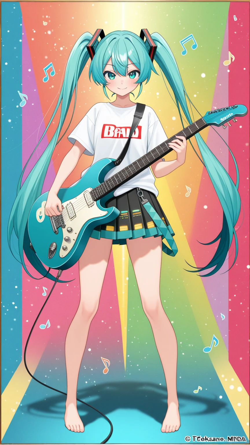 1girl, 3d, long multicolored hair, fashionable clothes, sparkles, sprinkles, stars,eyes blue holding a guitar.