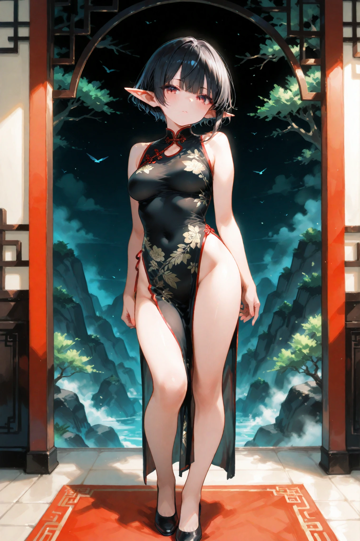 a sexy woman, (best quality), (masterpiece), (1girl), slim, anime, (flat chested), (chinese dress), (standing), (protrait), (naked legs)
