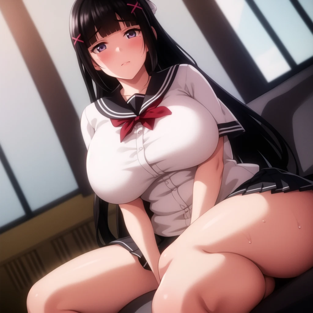 <lora:flat2:-1>, best quality, masterpiece, a schoolgirl, (schoolgirl unifom), (emotionless face), burgundy color hair, oily tan skin, huge long wide breasts, spread legs, crotch, sit, thick, curvy, chubby tummy, bbw, (underwear),