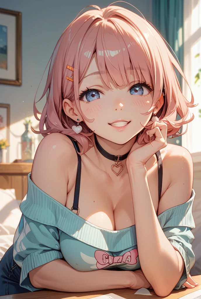 (High quality, High resolution, Fine details), (shh pose), (Lick fingers), (Licking index finger), solo, curvy adult women, pink hair, sparkling eyes, (Detailed eyes:1.2), (sticking out her tongue), smile, blush, Sweat, glowing skin, Oily skin, Soft tones, shallow depth of field, professional studio lighting, cinematic composition, dramatic shadows