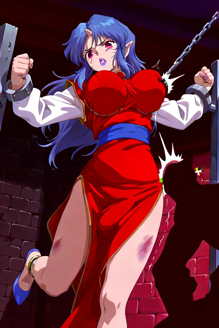 masterpiece, Highest quality,High resolution,Dorothy, Redhead,Red eyes, Have,dress,Braiding, black dress,One side of the dress is torn at the chest、Dust cloud、tits、Nipples fully visible、receive damage from an attack、anime、((Battle scene in the ruins))、blush、Line art、Pencil drawing