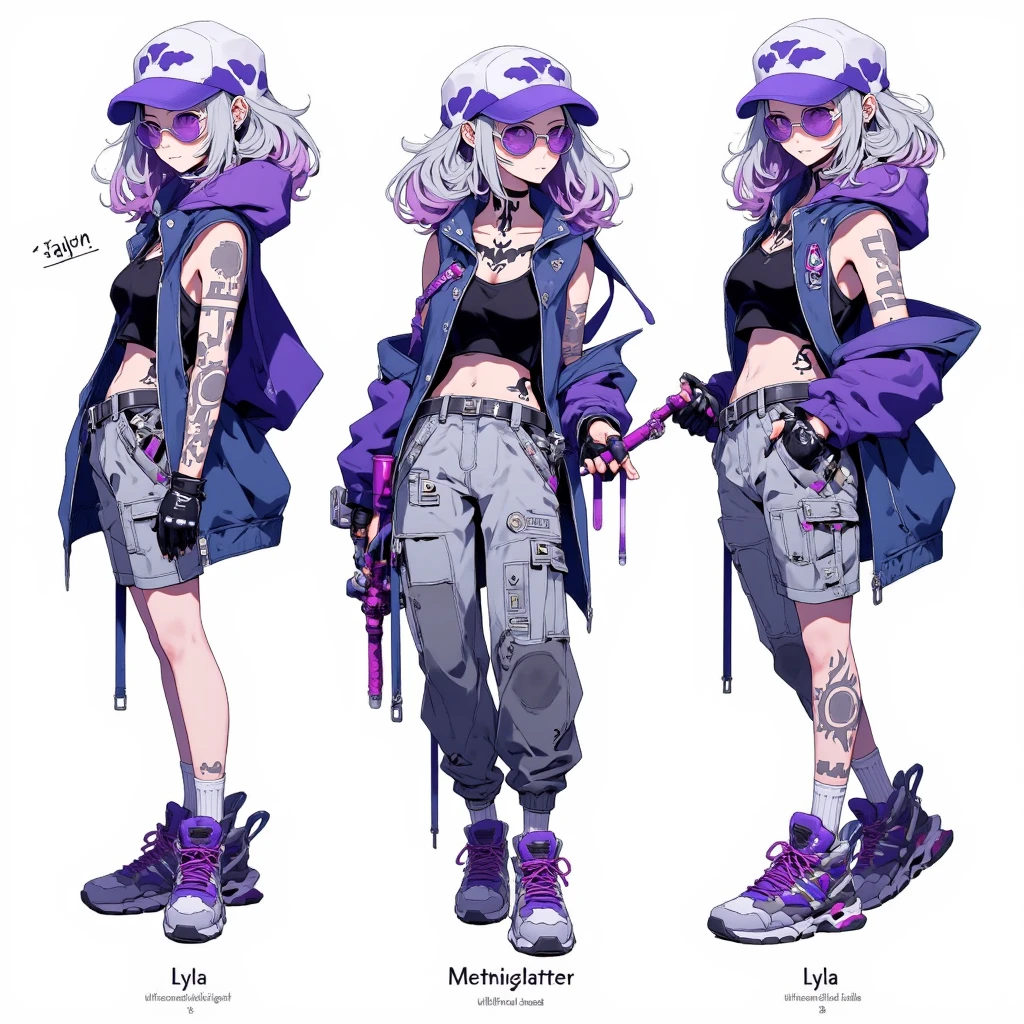 beautiful, masterpiece, best quality, perfect lighting, reference sheet, model sheet, concept art, bright colors, (multiple views, [|from side|from front|close-up|upper body|portrait]:1.2), (20 year old girl:1.2), detailed hands and fingers, messy hair colored bright purple, hair length stops at shoulders, cocky grin with a raised eyebrow, light blue eyes, hand resting on hip, toned body with small  size, (jet black baggy sweatpants, open midriff jacket with bright a purple torso and baggy white colored sleeves)