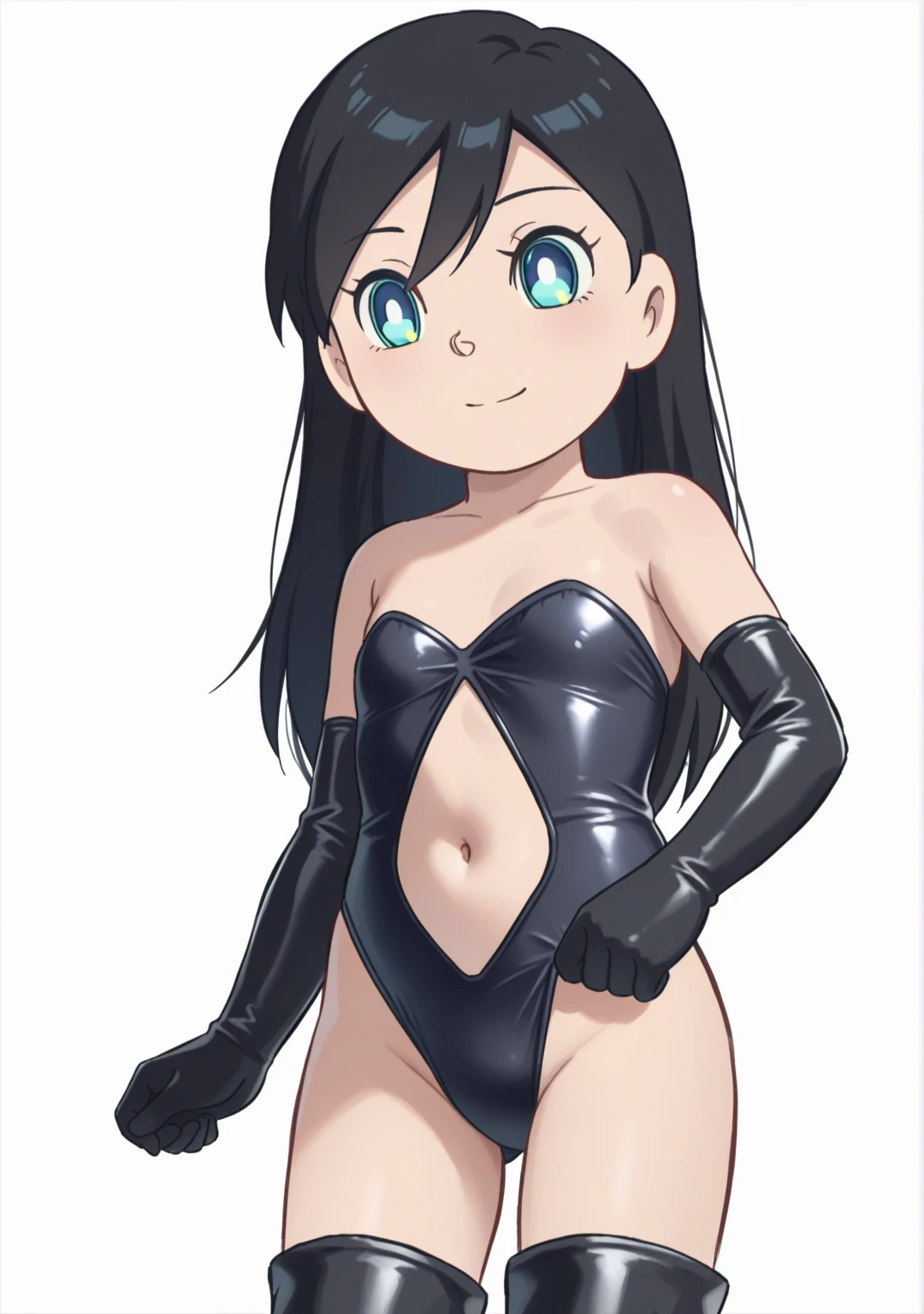 ((highest quality)), ((masterpiece)), (animation illustration), (black bikini, elbow gloves, boots, heroes belt, eye mask), looking at the viewer with a smile, Tattoo on left shoulder, (Floating in the air)