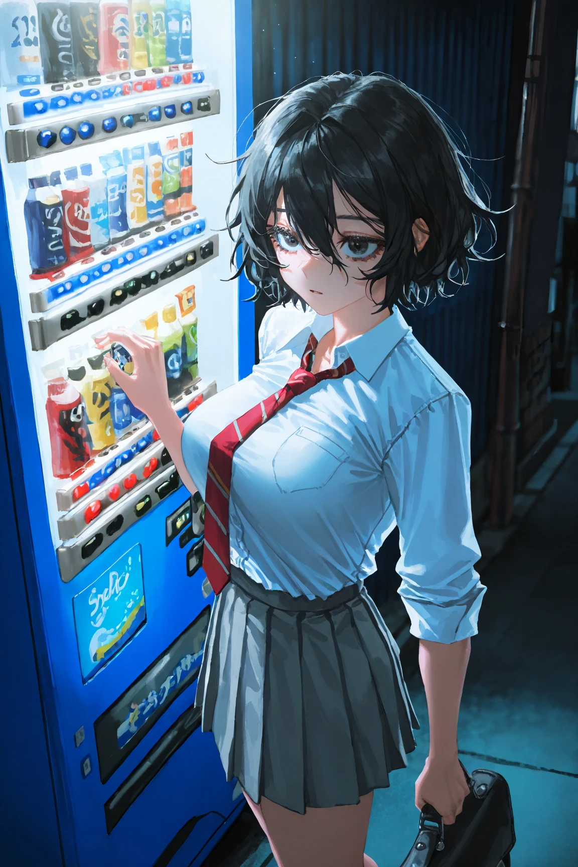(One girl, solo, High resolution, masterpiece, accurate, Anatomically correct, Winner of numerous awards, Highest quality, Damaged, High-resolution model, High detail, Retina, Very detailed, Textured skin, Ultra high definition, movieの光効果, movie, movie撮影, Chiaroscuro, Background blur, Everything detailed and exquisite、Complete human body、Correct human body、Perfect human body、Accurate human body、Detailed Background、Elaborate Background)、
Detailed face、Black Hair、Bobcut、Blunt bangs、shiny bright blue eyes、Wicked Smile、((Grin))、((Big Breasts、Big cleavage))、White shirt and pleated skirt、((High school girlini skirt))、Black Pantyhose:1.8、Cowboy Shot、salute、Station platform waiting for the train 、station Background、(Detailed people、Shiny skin、Oily skin)、Written background、Background blur、(Short stature girl:1.8, Summer uniform for high school girls:1.5)
