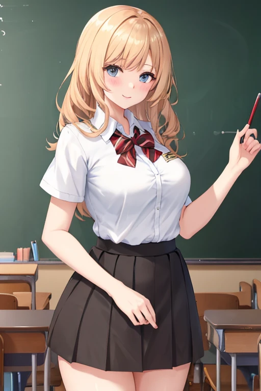 best quality,((((1 Girl)))),Large Breasts,((((10 years old:1.3)))))),Curvy beauty,Sexual red,Sweat,Blonde hair,((White shirt,Pink skirt:1.1)),mini skirt,classroom,Upskirt,Scenery under the skirt,Lace panties,White,White及膝袜,Sakurai Baixiang,whole body