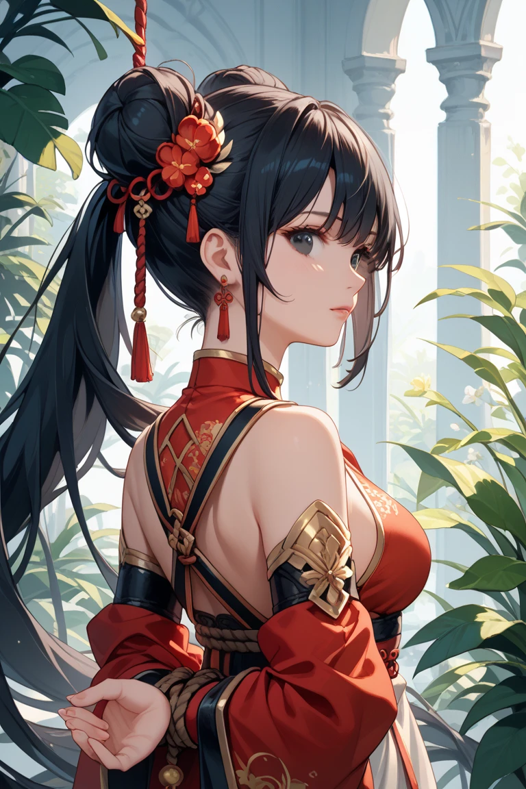 Chinese antique style Fresh lines in ink color and anime girl holding sword beautiful, playful long ponytail --auto --s2
