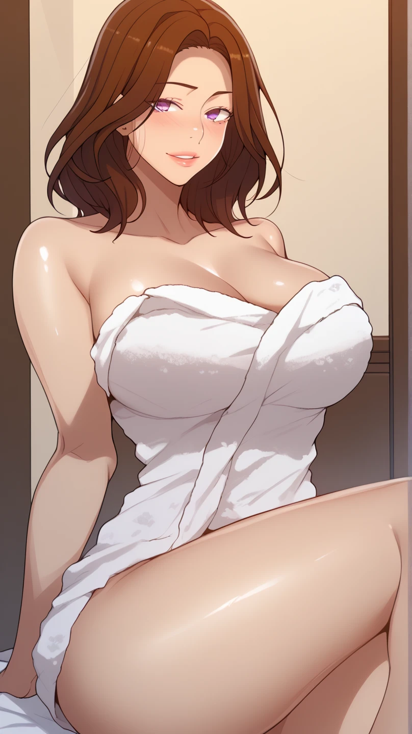 Naked apron, maid,Zhengde, Brown hair, Brown eyes, Long hair and bare shoulders, breast, Mature female, large breast, Smile, 1 Girl, Bangs, indoors, A unique masterpiece, best quality