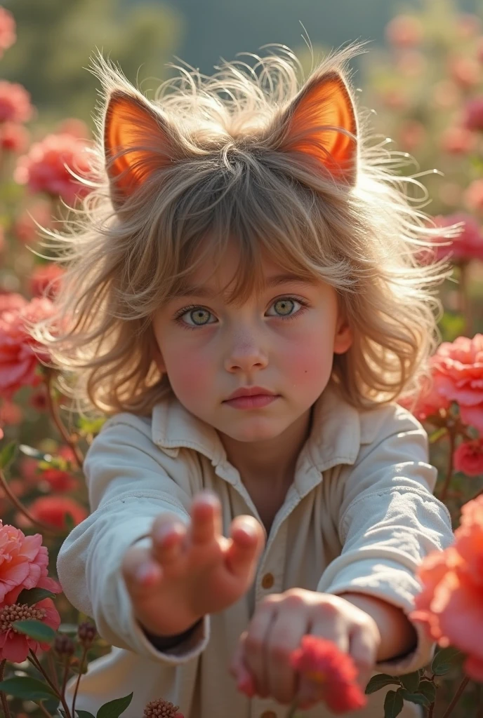 A girl with short white hair. She has green eyes. She has rabbit ears a nd a rabbit tail.