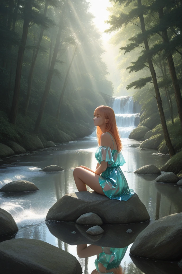 A beautiful naked mature redhead elf bathing in a mesmerising lake, (mature face:1.4), a serene, otherworldly realm hidden deep within a lush, ancient forest. Envision a landscape where emerald-green trees tower over a series of cascading waterfalls, each one more breathtaking than the last. Amidst this natural splendor, mystical hot springs bubble with vibrant, ethereal colors