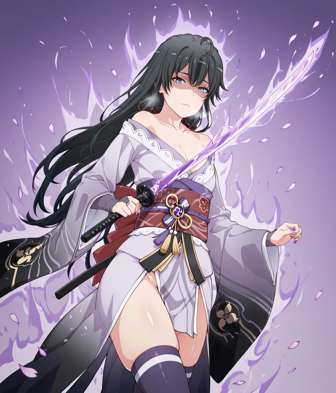 Shou, ((anatomical correct)), ((Cinematic, unreal engine, eye-catching, ambient occlusion, UHD, masterpiece)), ((perfect lighting, soft shadow)), perfect body, perfect eyes, perfect fingers, gasping, heavy breathing, gasping profusely, ((skindentation)), ((curvy)), yukino yukinoshita, black hair, blue eyes, long hair, ahoge, ((flat chest)), (voluptuous:1.5), (mature female:1.5), 1girl, solo, japanese_clothes, sword, weapon, breasts, holding_sword, kimono, holding_weapon, thighhighs, obiage, musou_isshin_(genshin_impact), purple_flower, looking_at_viewer, obi, holding, sash, flower, tomoe_(symbol), obijime, mitsudomoe_(shape), electricity, cleavage, wide_sleeves, bridal_gauntlets, tassel, closed_mouth, long_sleeves, egasumi, petals, katana, ribbon, falling_petals, purple_nails, drawing_sword, vision_(genshin_impact), purple_thighhighs, shaded face, (aura:1.4), simple background