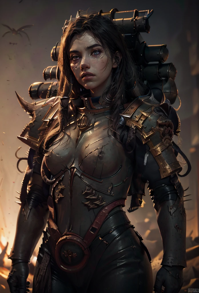 Photo of adepta sororitas, argent shroud, full armor, full metal armor, Christina Chong beautiful face, narrowed eyes. smirk. black braided hair with narrowed eyes, wearing intricate ornamented metal armor, stern face,, solo, (female:1.2), epic, platinum white armor, white pelvic curtain, bronze trimmings, , facial scar, iron halo, ((upper body:1.3)) focus, close-up, banner background,