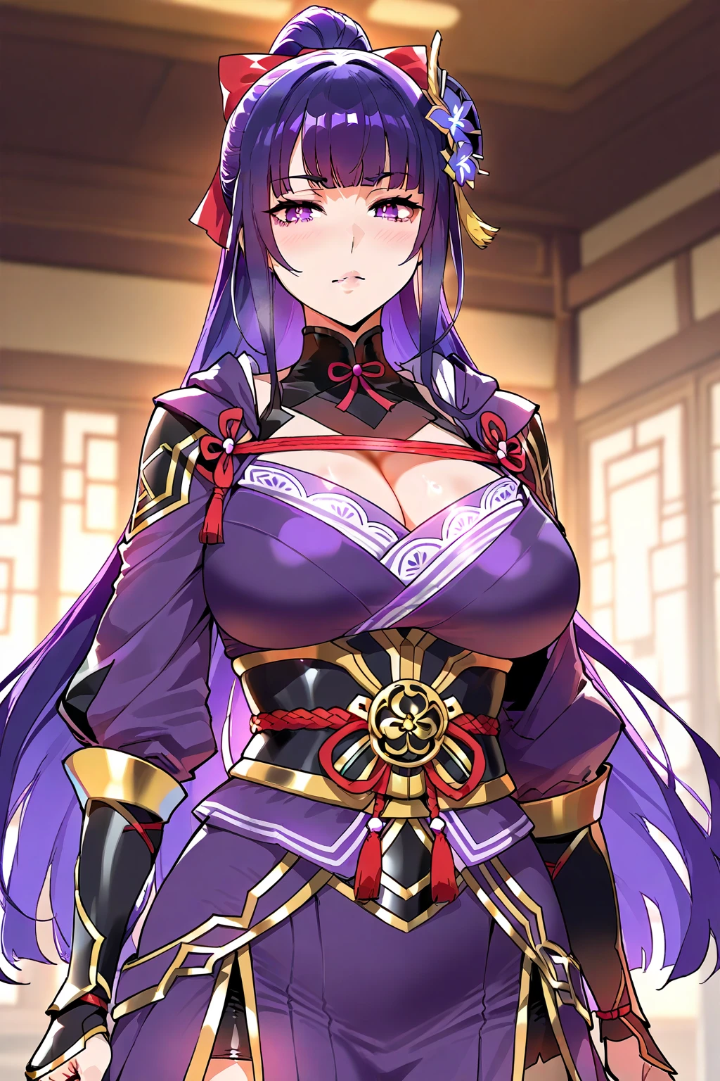 score_9,score_8_up,score_7_up, General Raiden_(genshin_impact),General Raiden (genshin impact),1 person,General Raiden,Human scabbard,chest,arms,Purple Hair,solo,kimono,Purple Eyes,knife,kimono,Musou Isshin (genshin impact),Long Hair,Braid,chestの谷間,hair ornaments,moon,Have,armsをHave,band,knifeをHave,Big Breasts,band,Thigh-high socks,-bar,mole,bangs,三つ-bar,electricity,flower嫁の籠手,Wide sleeves,目の下のmole,抜knife,flower,紫のkimono,cherry blossoms,Braidポニーテール,night,band締め,Thighs,Long sleeve,band揚げ,See who's watching,Open lips,house,armor,ribbon,tense shots,(Visual Impact、Give your poster a dynamic and visually striking look:1.2)、Impactful imageasterpiece、Highest quality:1.2)、Official Art、colorful、Color Splash、Cinematic Perspective、Ad Style、Magazine Cover、Emotional、Golden Hour、型破りな最高のmasterpiece、Stunning details、Serene atmosphere、High-quality texture、Fashion photography style、Magazine Cover、Dynamic angle、Dynamic posture、