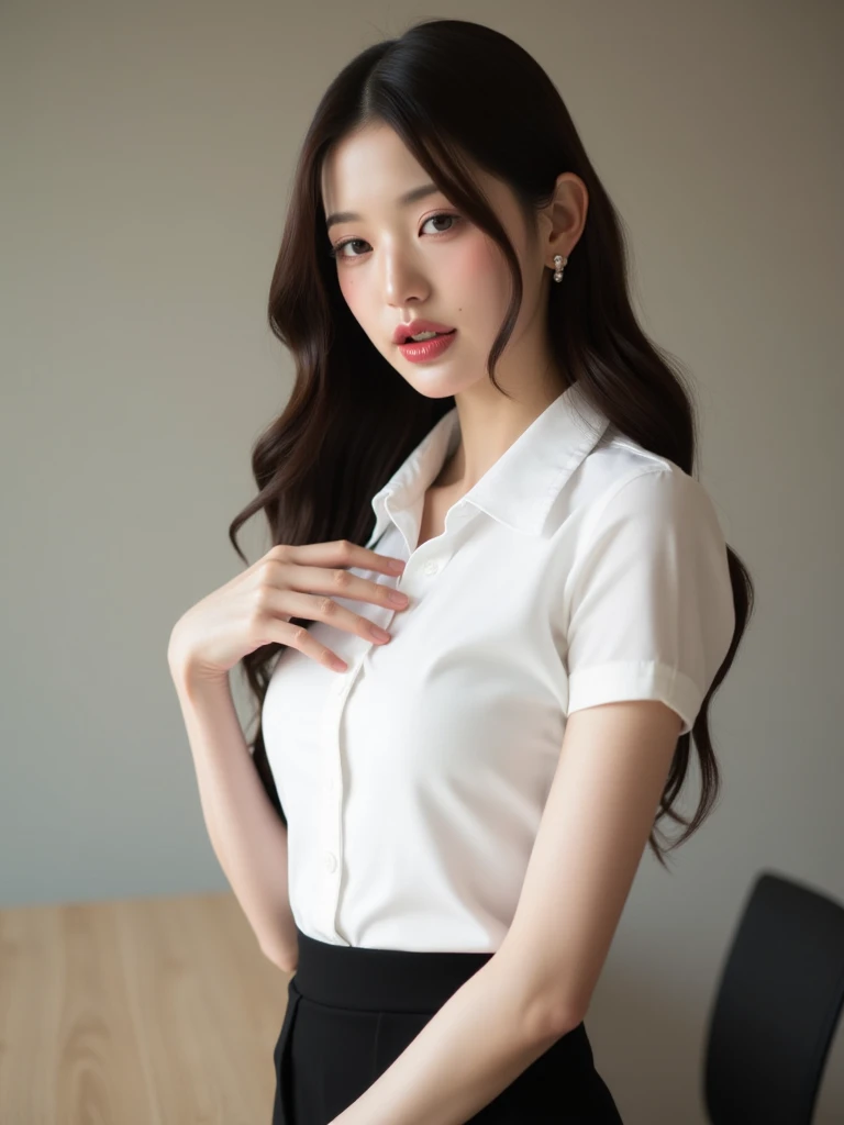 - [ ] photorealistic:1.37, masterpiece, best quality, raw photo, absurdres, uhd, 1girl, wavy hair, brown hair , looking at viewer, in the large meeting room of the office in the high tower office building in  Tokyo ,Tokyo tower,intricate detail, detailed background, detailed skin, pore, highres, hdr , presentation to ten men , beautiful model, soft light to the face,JP_MODELS , midium breasts, a 30 yo woman ,((white shirts,pants suits ))