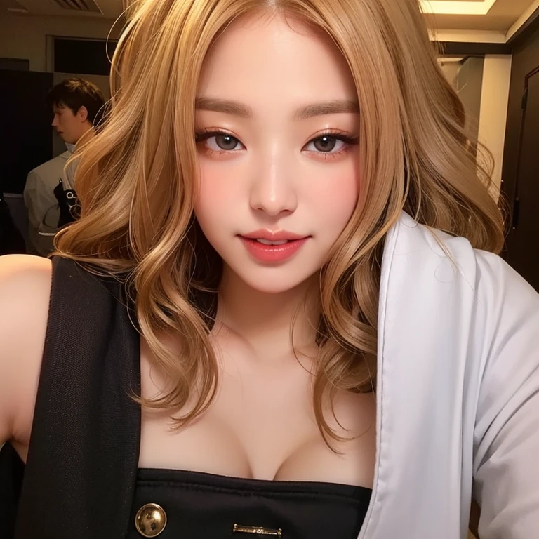 ((top-quality、8K、masterpiece:1.3))、Beautiful Women in Perfect Figure:1.4、Golden hair、huge tit、Exposed cleavage、Pendants、parka、Wearing jeans、At the festival、Highly detailed facial and skin texture、A detailed eye、二重まぶた