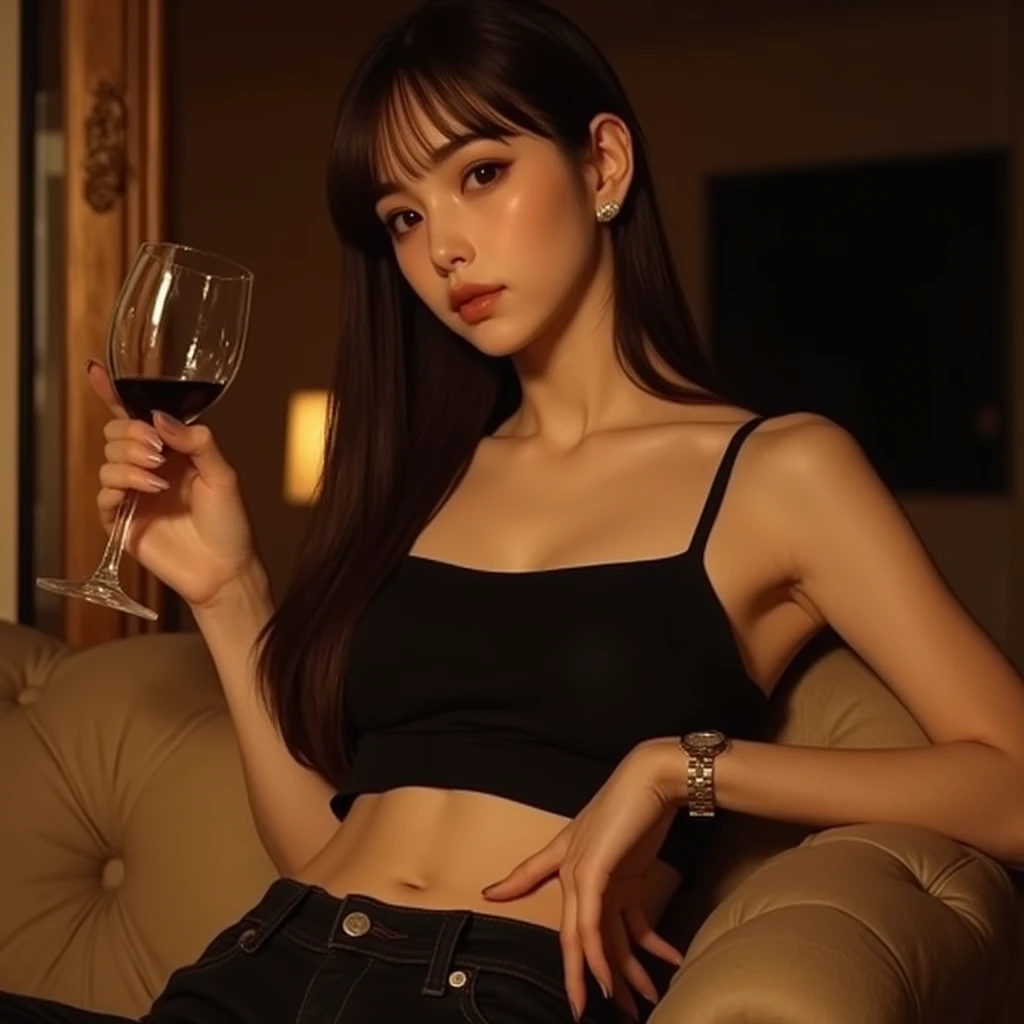 ((NSFW), A very beautiful Chinese teenager is drinking red wine in a black crop top, she is very sexy, her hair is dark purple with shades of pink, ((medium hair)), her skin color is a bit dark, and her eyes are beautiful pink..she wearing open clothes so that her chest was visible, she wore a very tight black short skirt