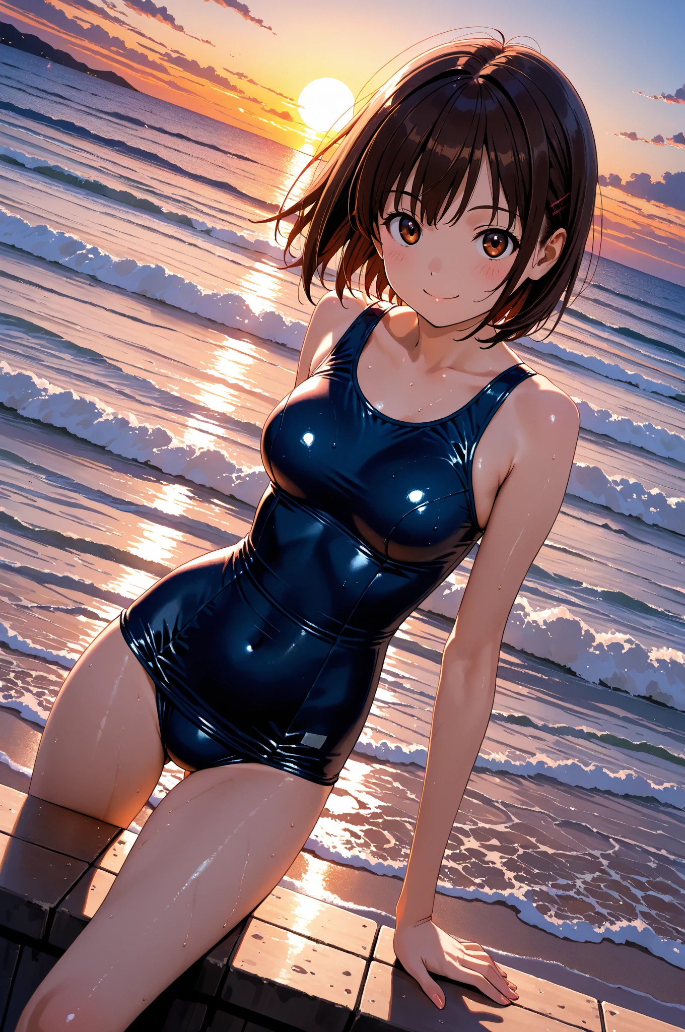 ((Metallic rash guard)), skindentation, skinny, solo, 1 woman, Masterpiece, highest quality, highest quality, 16K, incredibly absurd, highly detailed, 2.5D, ai-generated, delicate and dynamic, very delicate facial expressions, delicate eye depiction, erotic, only sexy woman, ((A cute and kind face)), healthy figure, 25-year-old woman, bride, 160cm tall, medium firm swaying bust, (dark hair), black eye, blush, Sweat,Embarrassed,sexy, ((thin thighs)), (Erect nipples:0.7), ((shiny and lustrous)), facing straight at viewer, ((brown black skin)), ((Oily_skin)), sweaty skin, wet skin, (suntan), dutch angle, ((sexy pose)), Dynamic poses, ((Summer Sea)), Strong sunlight, ((Lying)), Navel, ((On the open sea)), Knee Up,