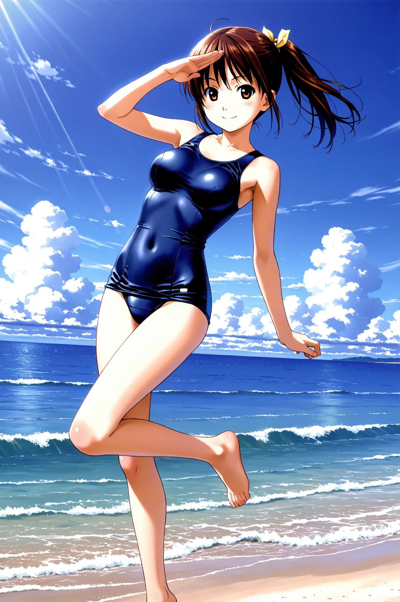School Swimsuit,,Blushing、Black Hair、ponytail、Pale orange eyes、Head to toe full body、Blushing、Embarrassed look、Composition from the front、A view from slightly below、school swimwear、Acme Face、Random pose、, 、nsfw、Highest quality、1 girl、solo、Ocean、Sandy Beach、Sexy pose、Random pose、Blushing、Wet、Embarrassed、I can see half of my 、、One piece swimsuit、(Strap slip:1.3)、School Swimsuit

