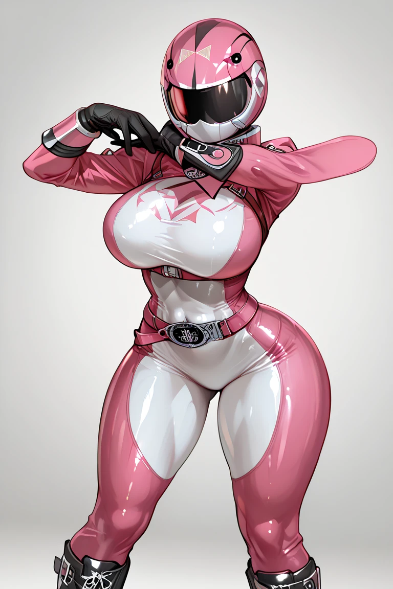 Tabletop, Super Detail, highest quality, High resolution, , ((Anatomically correct)), Power Ranger, ((One Girl)), (alone), Full-face helmet with no exposed face, (Pink micro bikini),Long gloves and boots are white, (Very shiny helmet), Show your armpits, Huge breasts,Big Ass