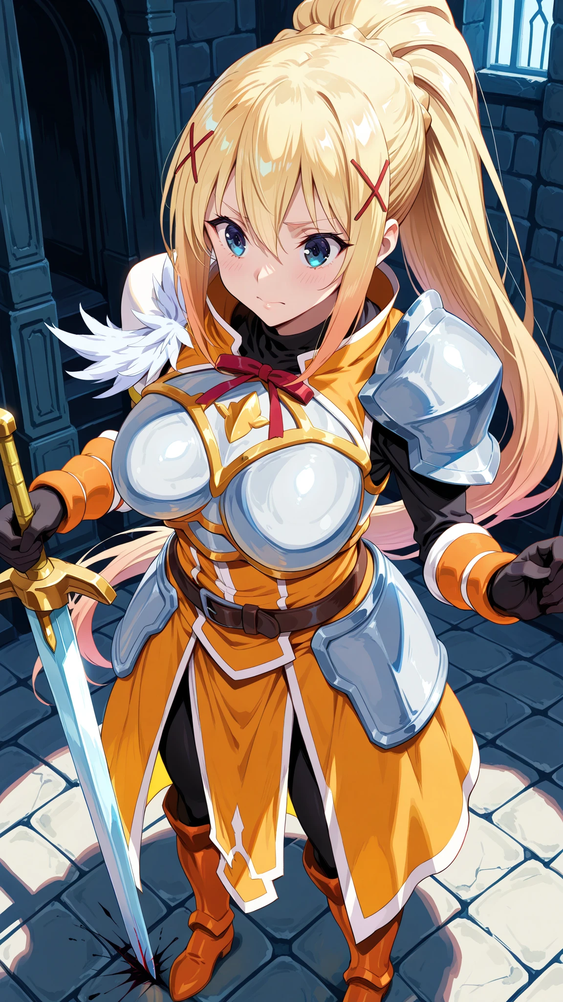 masterpiece, best quality, high resolution, best illustration, super fine illustration, (official art:0.6), (anime screencap:1.1), detailed beautiful face and eyes, anime keyvisual, (perfect anatomy:1.5), 8k portrait, (detail focus fingers:1.2),
1girl,
darkness,
darkness \(konosuba\),
long hair, ponytail, x hair ornament,
blonde hair,
(blue eyes:1.2),
black gloves,
large breasts,
armor, pauldrons, shoulder armor, long skirt,
(blush:1.5),
looking at viewer,
cowboy shot,
leaning forward, emphasize the cleavage,
natural light,
background of outdoor, city, village,