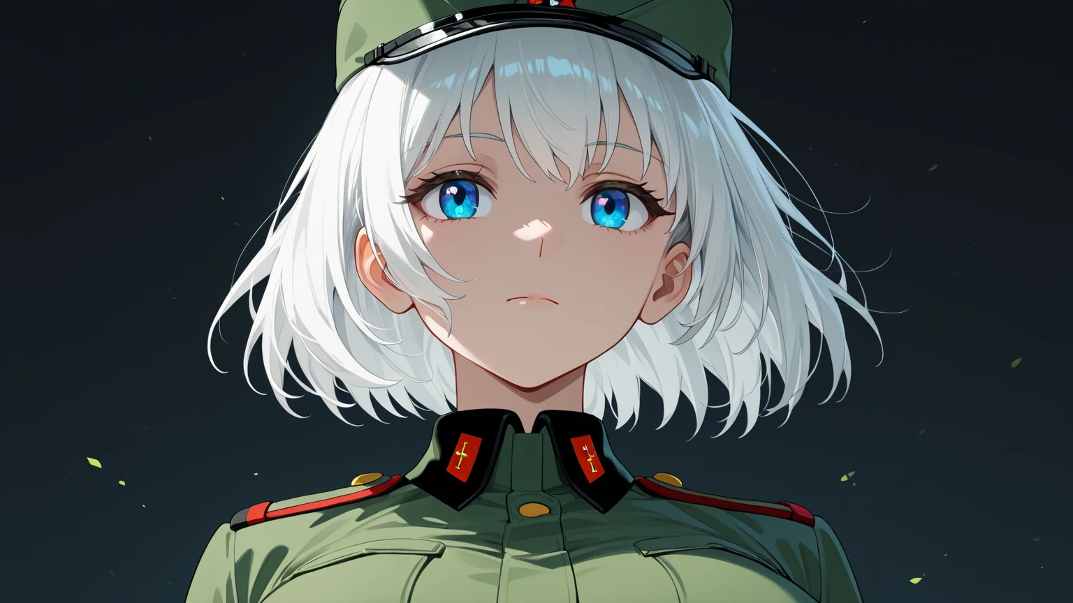 male性1人 male Silver-colored bob cut straight across Silver eyebrows Bangs cut straight above the eyebrows Light blue eyes Black and white uniform Military parade square Realistic